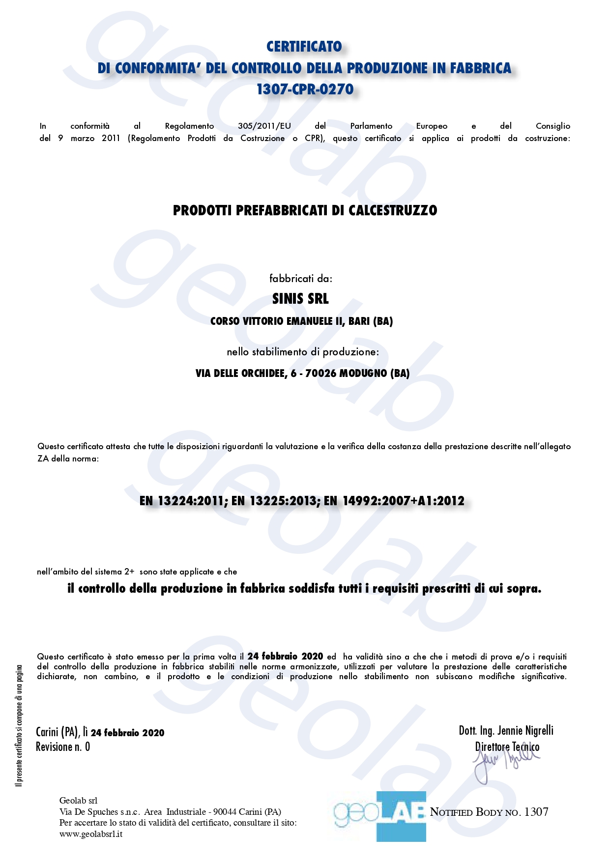 Certificato di Conformità del Controllo di Produzione in Fabbrica